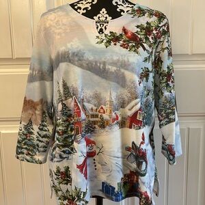 Alfred Dunner Petite L 3/4 length sleeve Top Winter Wonderland